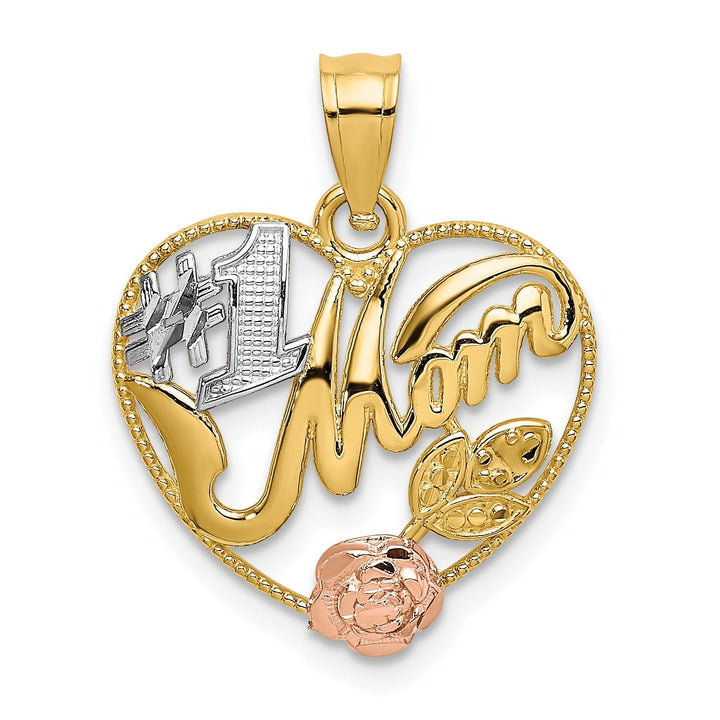 14k Two Tone Gold,White Rhodium Texture Polished Finish #1 MOM with Flower Design Charm Pendant