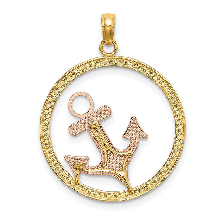 14K Two Tone Gold White Rhodium Polished Finish Anchor In Circle Charm