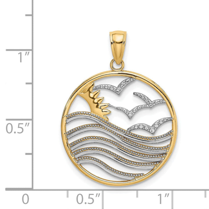 14k Yellow Gold, White Rhodium Polished Finish Sunset and Seagulls In Circle Design Charm Pendant