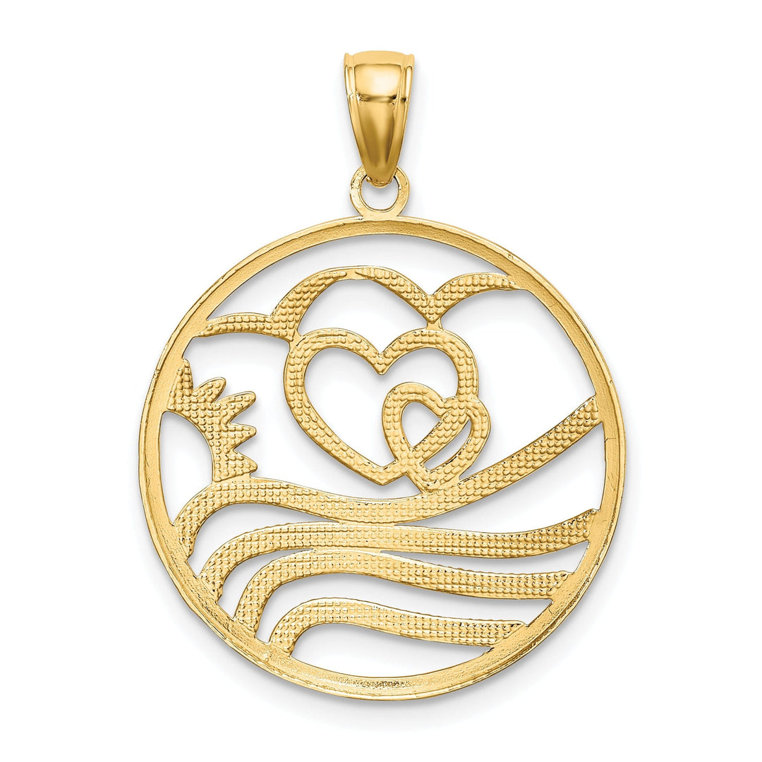 14k Yellow Gold, White Rhodium Polished Finish Sun, Hearts ,Water in Circle Design Charm Pendant