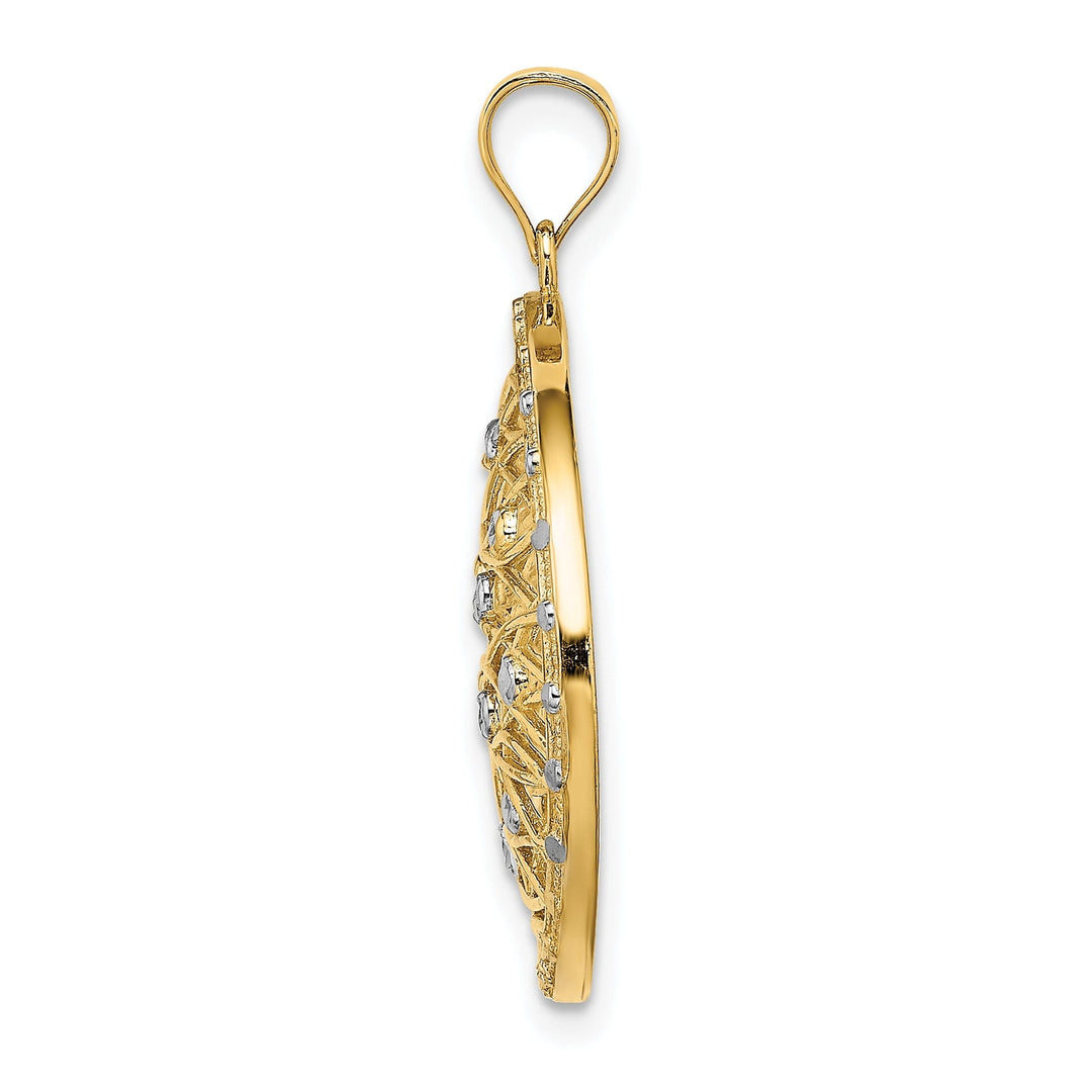 14K Yellow Gold, White Rhodium Polished Diamond Cut Finish Filigree Horizontal Shape Cut-Out Weave Design Pendant