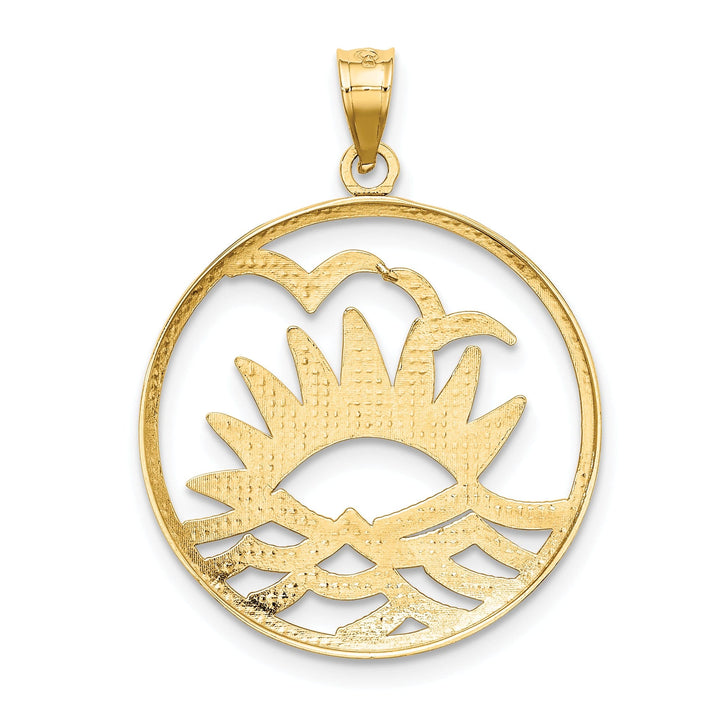 14K Yellow Gold, White Rhodium Concave Shape Sunset, Water, with seagulls In Circle Design Charm Pendant