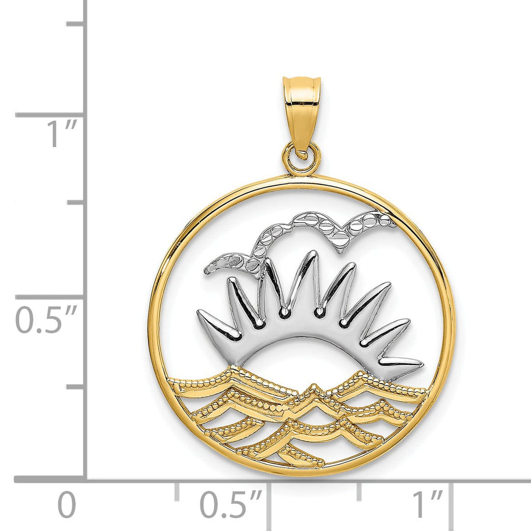 14K Yellow Gold, White Rhodium Concave Shape Sunset, Water, with seagulls In Circle Design Charm Pendant