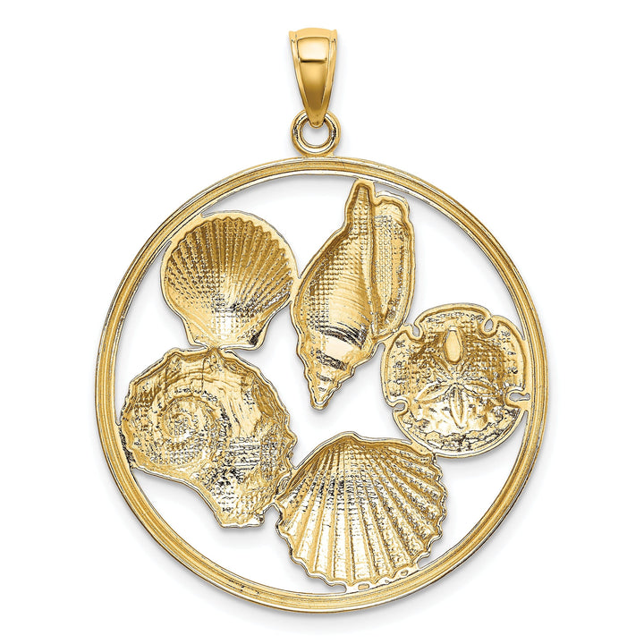 14k Yellow Gold White Rhodium Textured Polished Finish Shell Cluster in Circle Design Charm Pendant