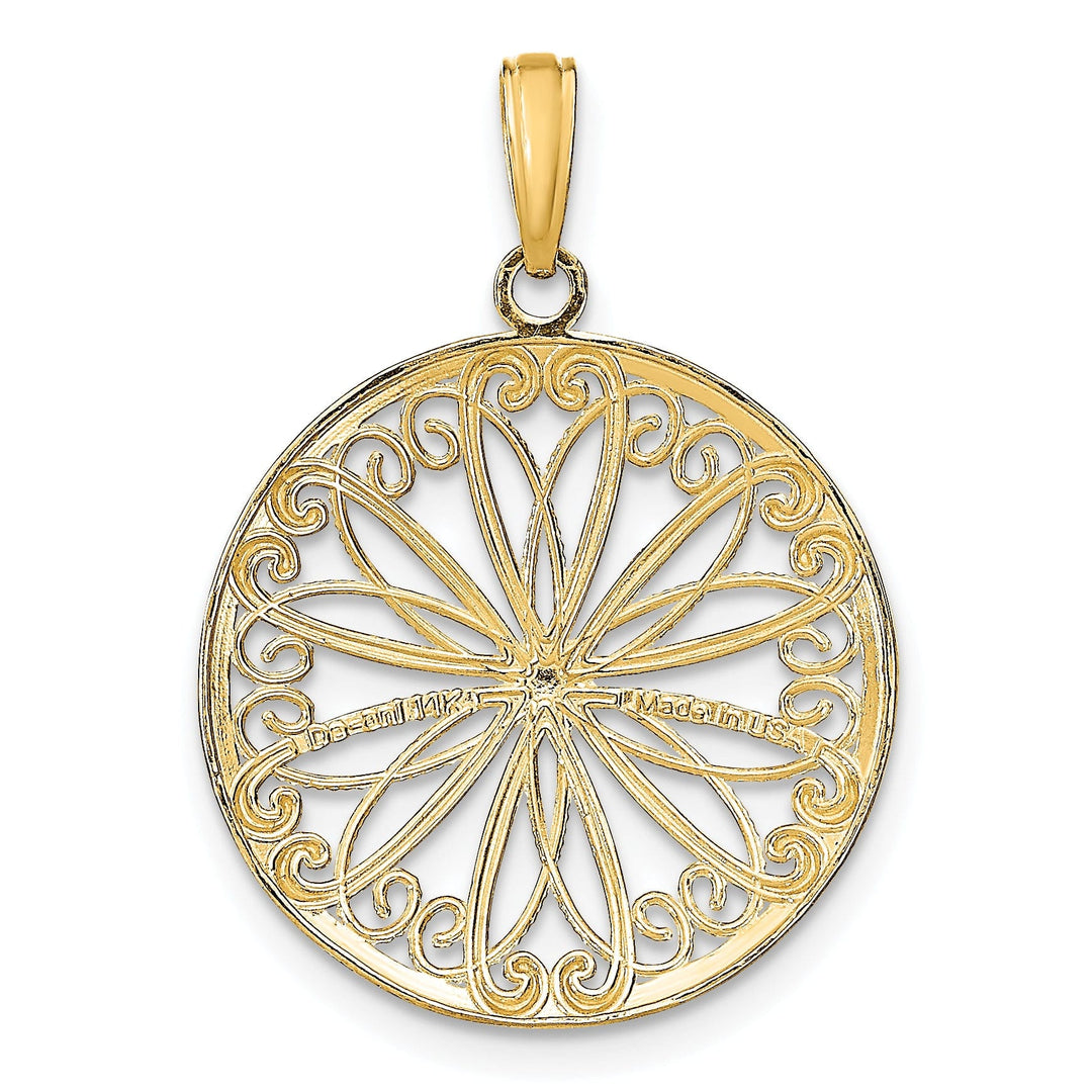 14K Yellow Gold, White Rhodium Polished Finish Filigree Beaded Design Center Circle Pendant