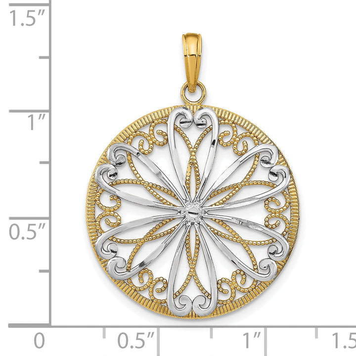 14K Yellow Gold, White Rhodium Polished Finish Filigree Beaded Design Center Circle Pendant