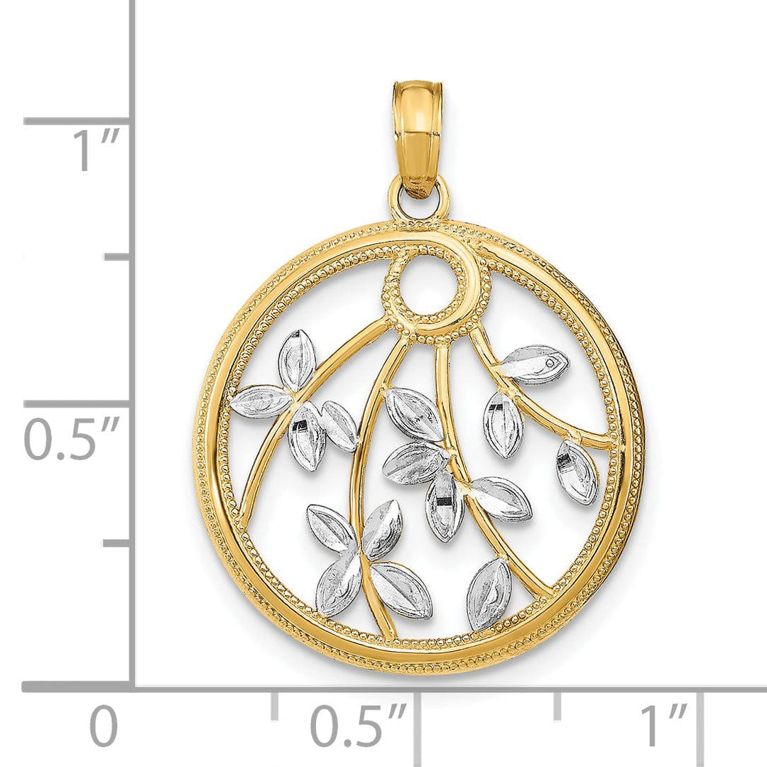 14K Yellow Gold, White Rhodium Polished Finish Filigree Floral Design Round Frame Pendant