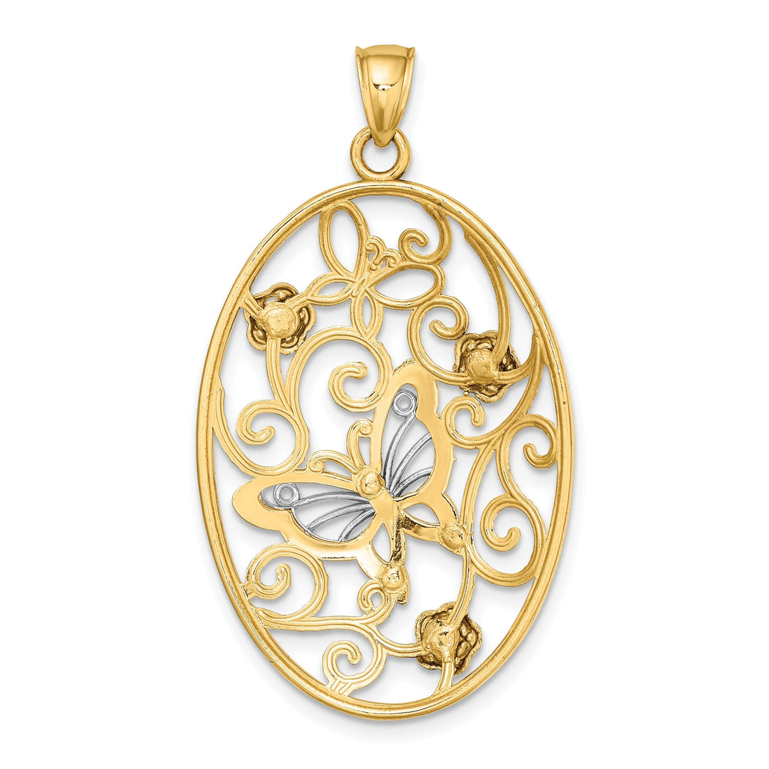 14k Two-Tone Gold Solid Open Back Textured Polished Finish Butterfly and Flowers in Oval Frame Charm Pendant