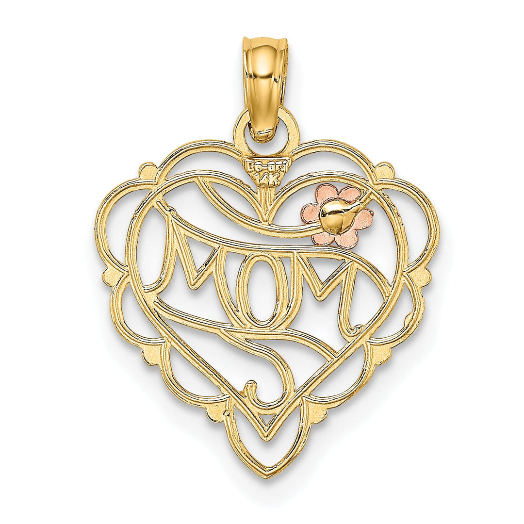 14k Two-Tone Gold, White Rhodium Beaded Textured Polished Finish MOM Heart with Flower Fancy Design Charm Pendant