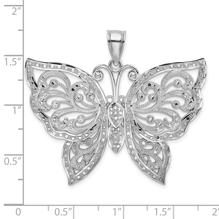 14K White Gold Large Textured Back Solid Polished Finish Diamond-cut Beaded Butterfly Charm Pendant