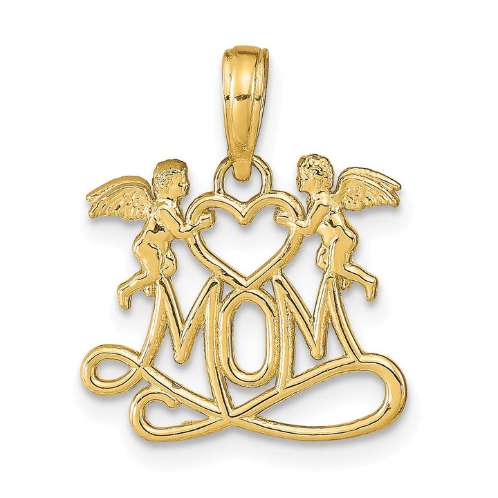 14K Yellow Gold Polished Finish MOM with 2 Angels Holding Heart Design Charm Pendant