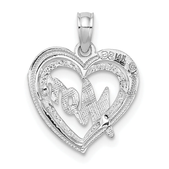 14k White Gold Polished Textured Finish MOM in Double Heart Shape Design Charm Pendant