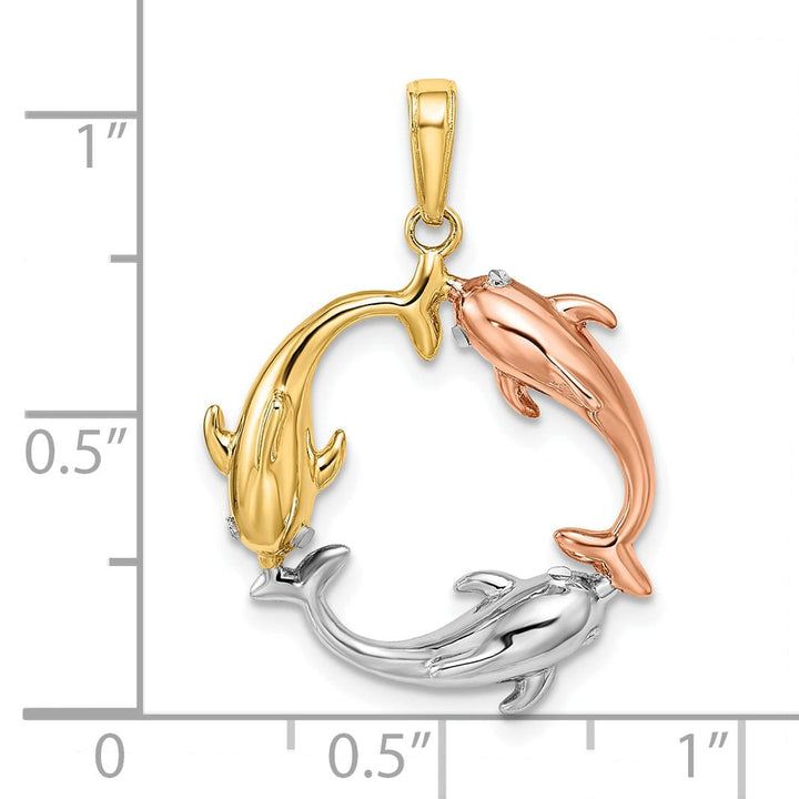 14k Tri-color Gold Casted Polished Finish Hallow Triple Dolphin Circle Charm Pendant