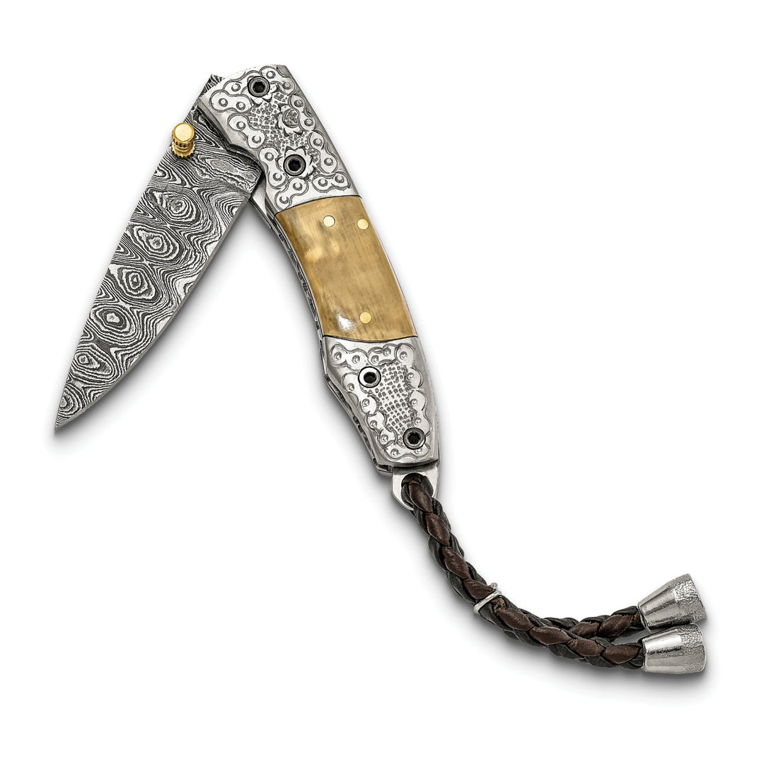 Luxury Giftware Limited Edition Damascus Steel 256 Layer Woolly Mammoth Tusk Ivory Handle Folding Knife with Wooden Gift Box and Leather Sheath