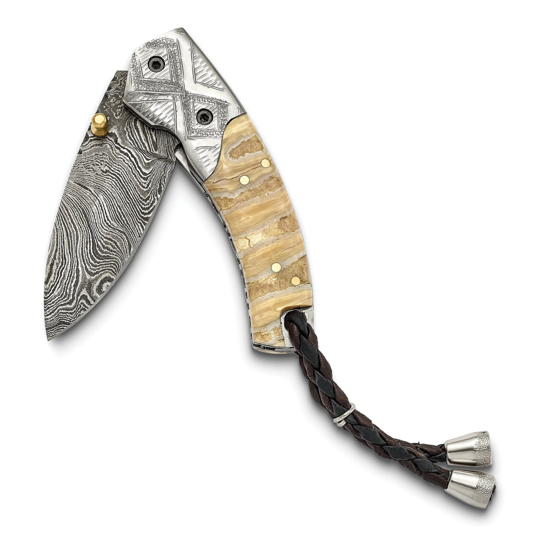 Luxury Giftware Limited Edition Damascus 256 Layer Woolly Mammoth Tooth/Steel Handle Folding Knife with Leather Sheath and Wooden Gift Box