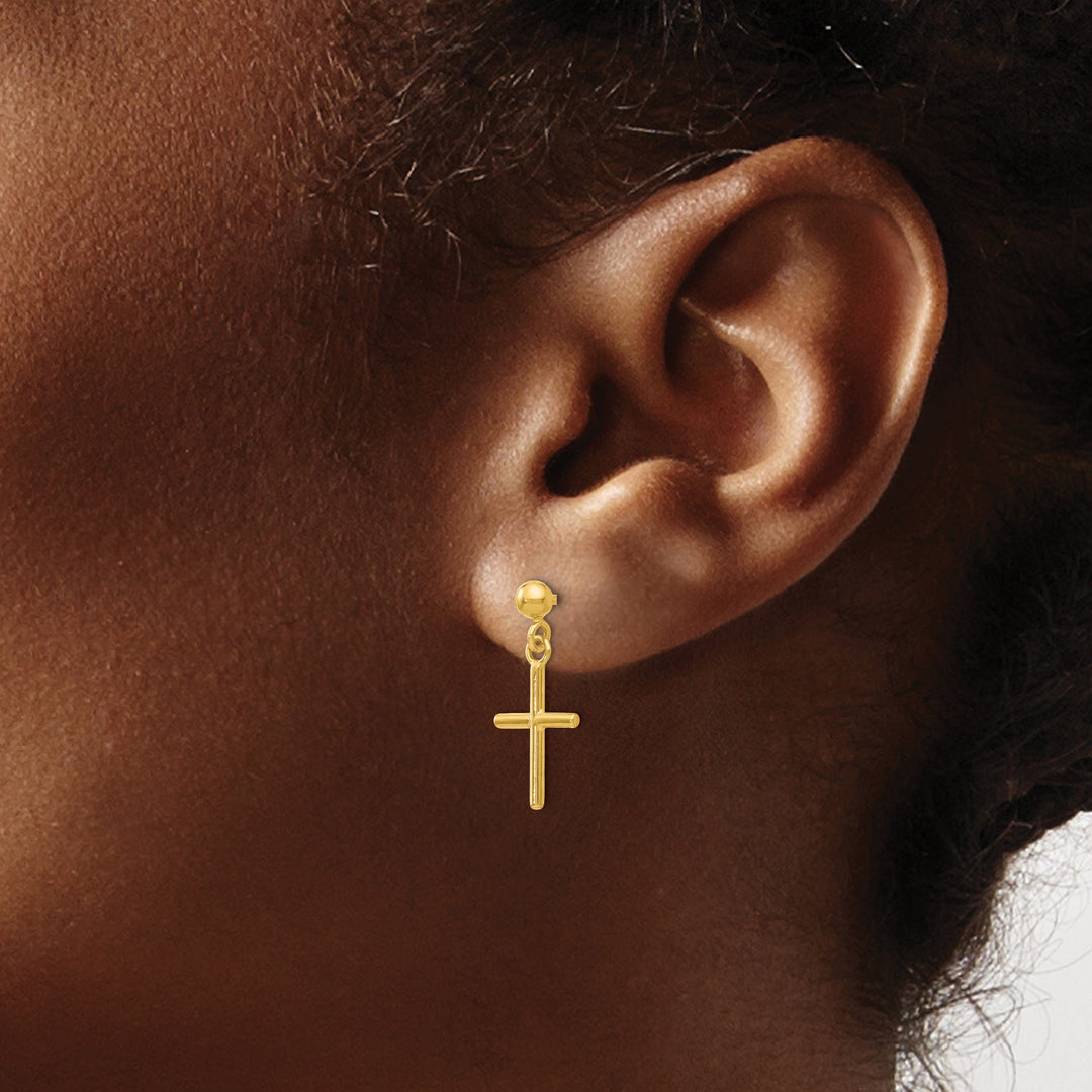 14k Yellow Gold Polish Cross Post Drop Earrings