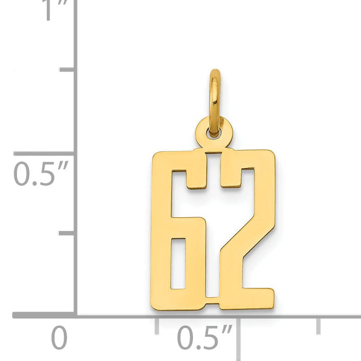 14K Yellow Gold Polished Finish Small Size Elongated Shape Number 62 Charm Pendant