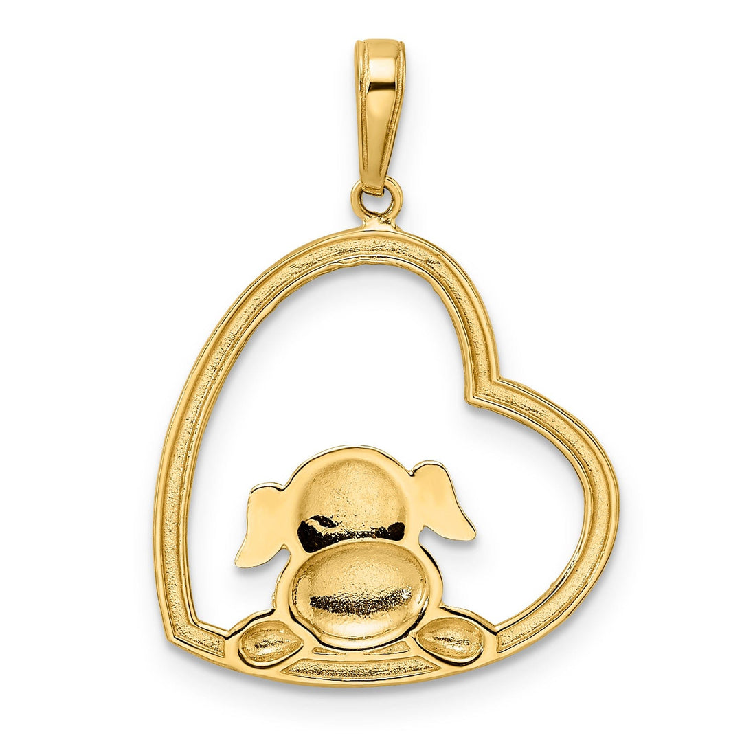 14k Yellow Gold White White Rhodium Open Back Solid Polished Diamond Cut Finish Puppy Dog in Heart Shape Design Charm Pendant