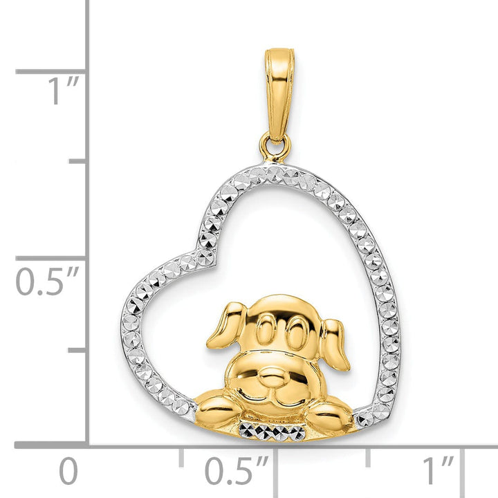 14k Yellow Gold White White Rhodium Open Back Solid Polished Diamond Cut Finish Puppy Dog in Heart Shape Design Charm Pendant