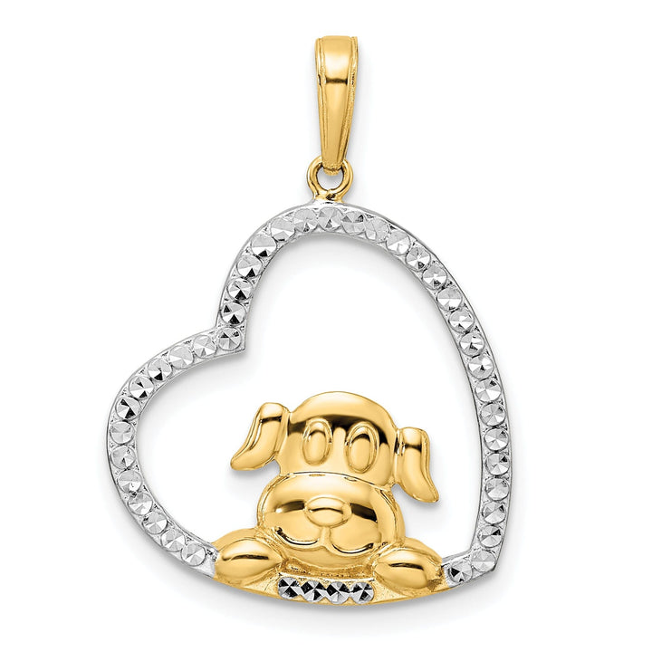 14k Yellow Gold White White Rhodium Open Back Solid Polished Diamond Cut Finish Puppy Dog in Heart Shape Design Charm Pendant