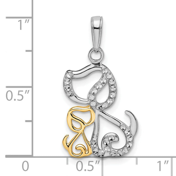 14k Yellow Gold White Rhodium Flat Back Solid Polished Diamond Cut Finish Big Dog and Puppy Design Charm Pendant