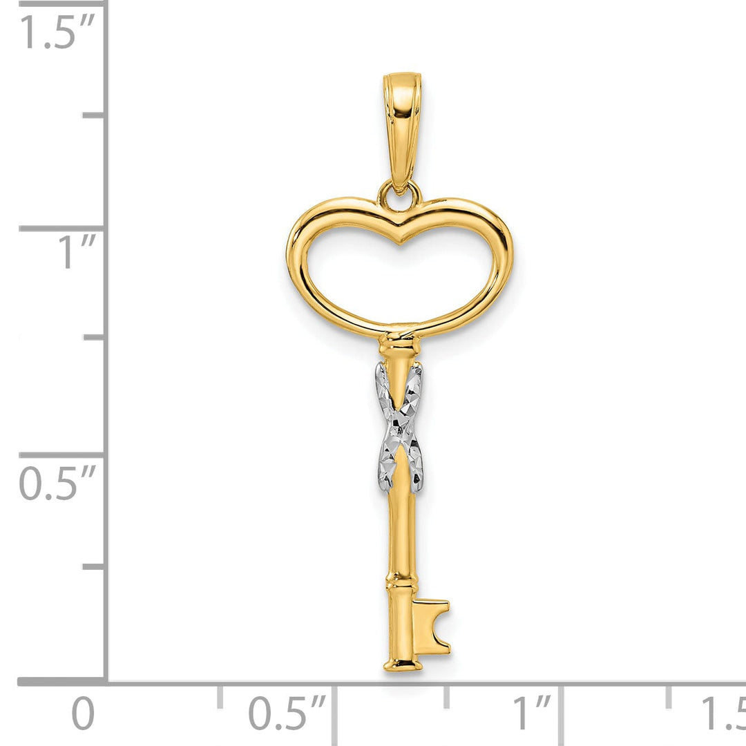 14k Yellow Gold D.C Finish 3-D Heart Key Design Charm Pendant