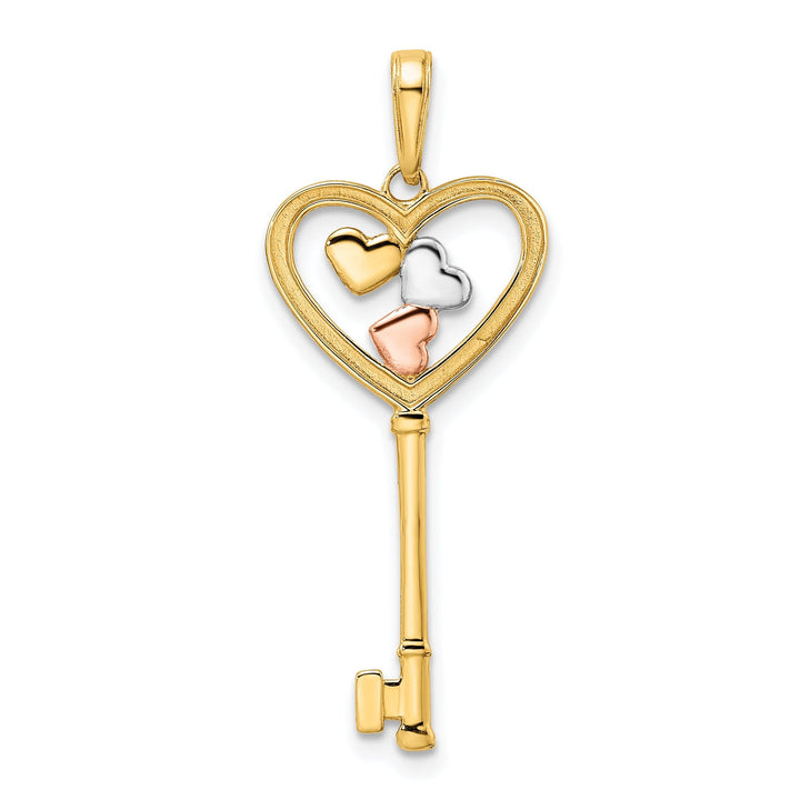 14k Yellow White and Rose Gold D.C Concave 3 Hearts Key Charm Pendant