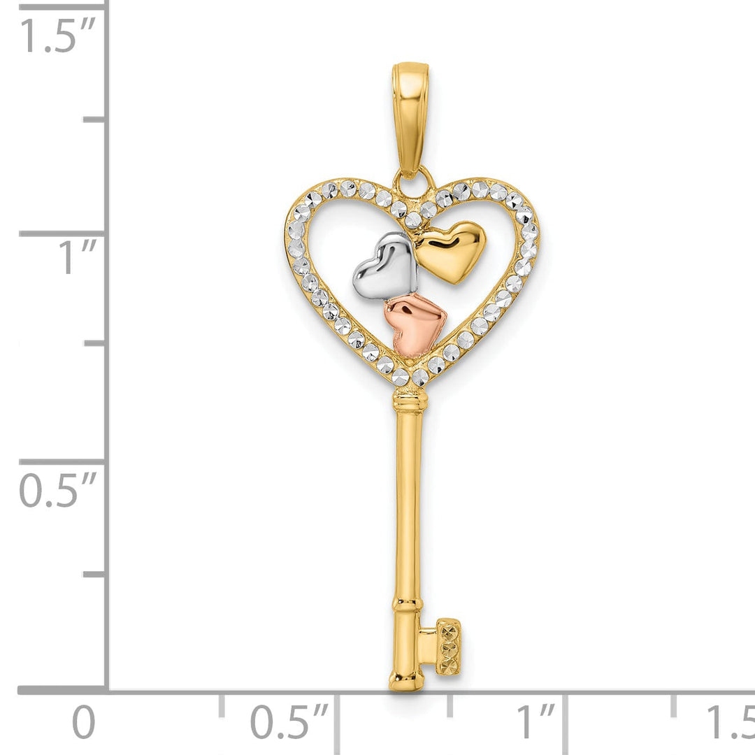 14k Yellow White and Rose Gold D.C Concave 3 Hearts Key Charm Pendant