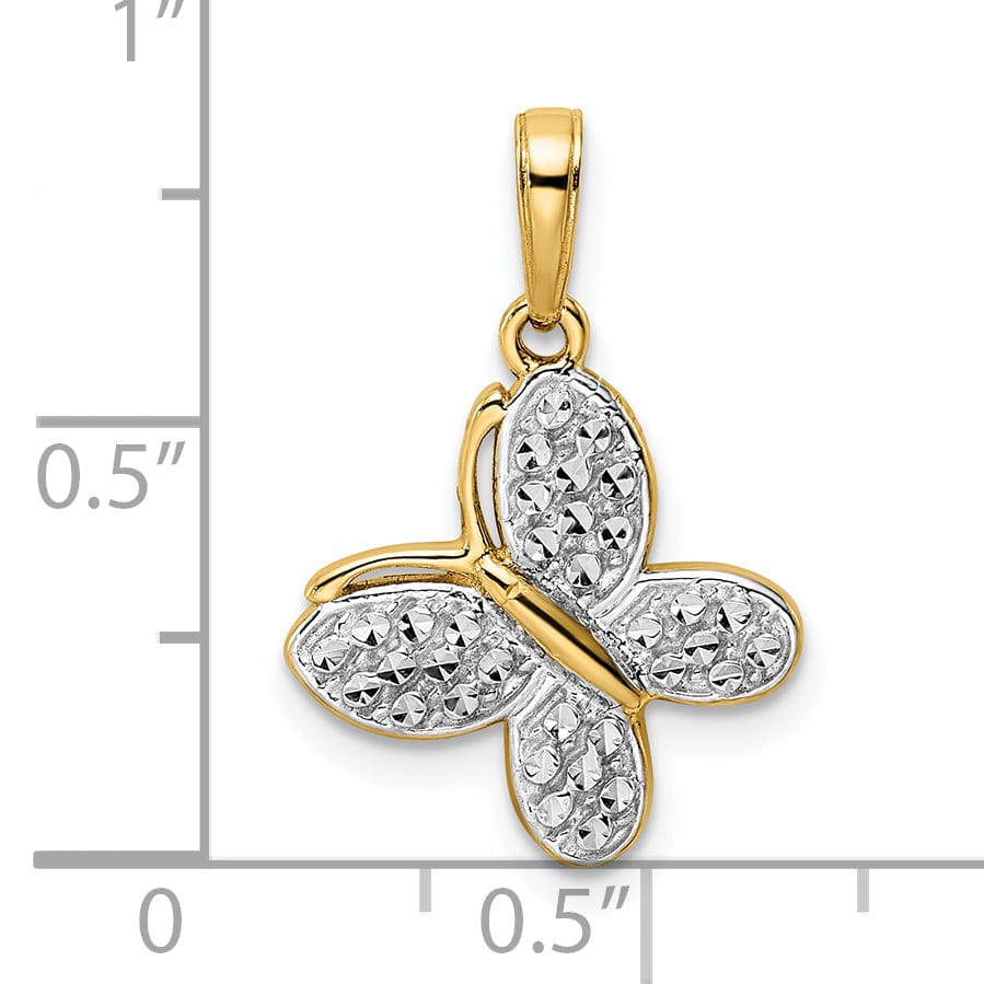 14k Yellow Gold and White Rhodium Flat Back Casted Solid Polished Finish Diamond-cut Fancy Butterfly Charm Pendant