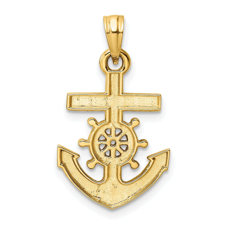 14k Yellow Gold White Rhodium D.C Solid Anchor and Ship's Wheel Charm