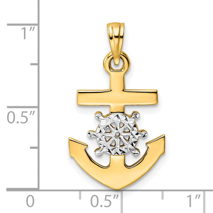 14k Yellow Gold White Rhodium D.C Solid Anchor and Ship's Wheel Charm