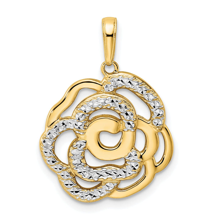 14k Yellow Gold and White Rhodium Casted Open Back Diamond-cut Solid Polished Finish Flower Charm Pendant