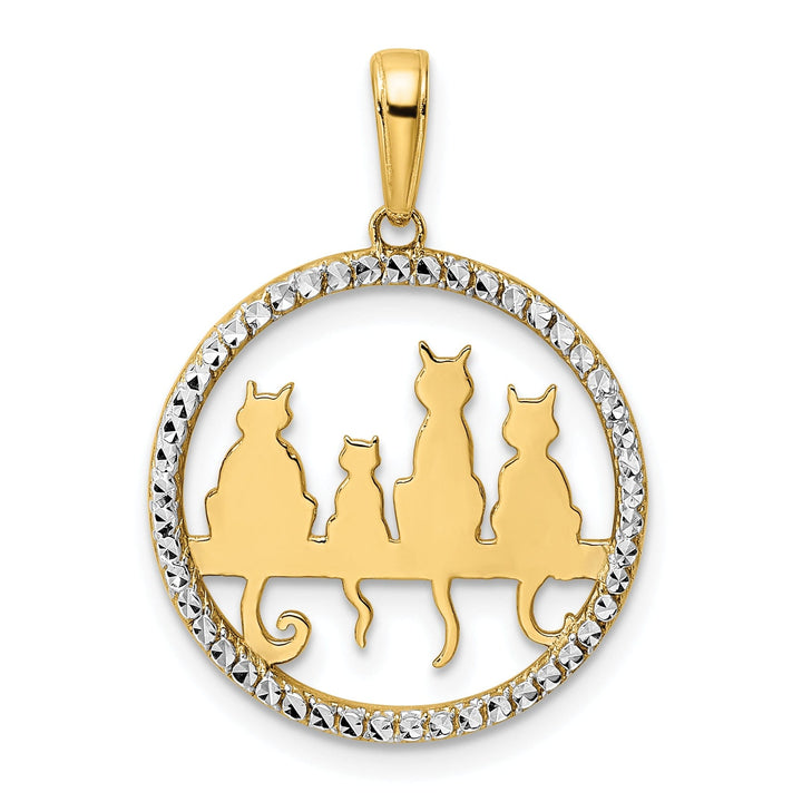 14k Yellow Gold White Rhodium Solid Polished Diamond Cut Finish Cats Sitting on Bench Design Circle Charm Pendant