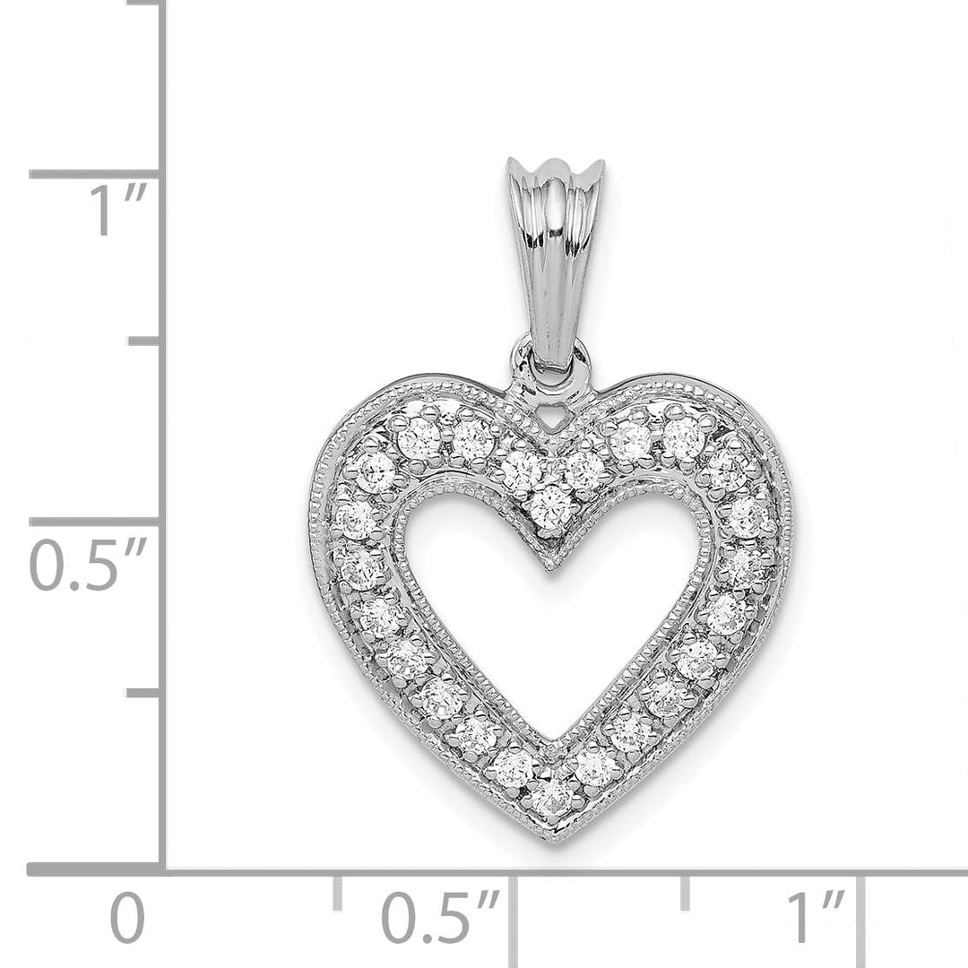 14k White Gold, Beaded Tectured Polished Finish 1/3-ct Round Diamond Heart Design Charm Pendant