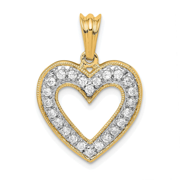 14k Yellow Gold, White Rhodium Polished Finish Open Back 1/3-CT Diamond Heart Design Charm Pendant