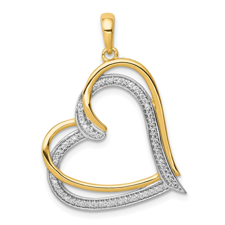 14k Yellow Gold, White Rhodium Open Back Polished Finish 0.175-CT Diamond Double Swirl Loop Heart in Heart Design Charm Pendant