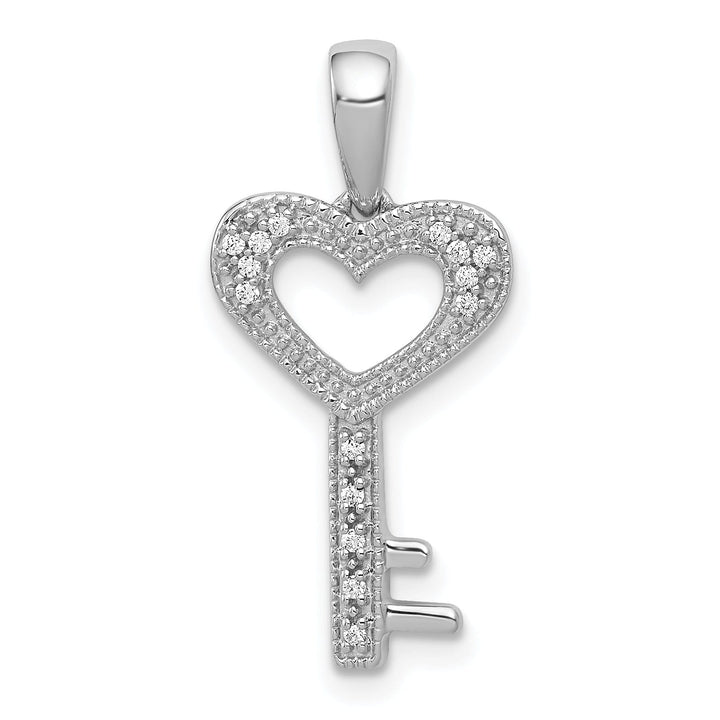 14k White Gold Rhodium 0.06-CT Diamond Heart and Key Design Pendant