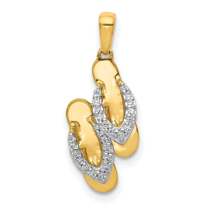 14k Yellow Gold, White Rhodium Polished Finish 0.088-ctw Diamond Two Flip Flop Beach Sandle Charm Pendant