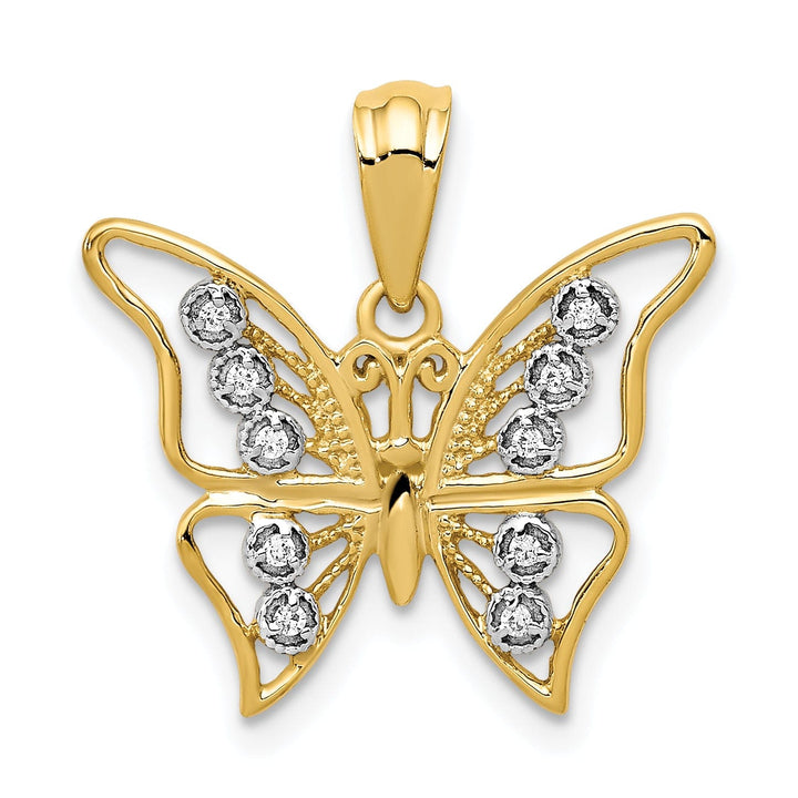 14k Two-tone Gold Solid Open Back Polished Finish Diamond Butterfly Charm Pendant