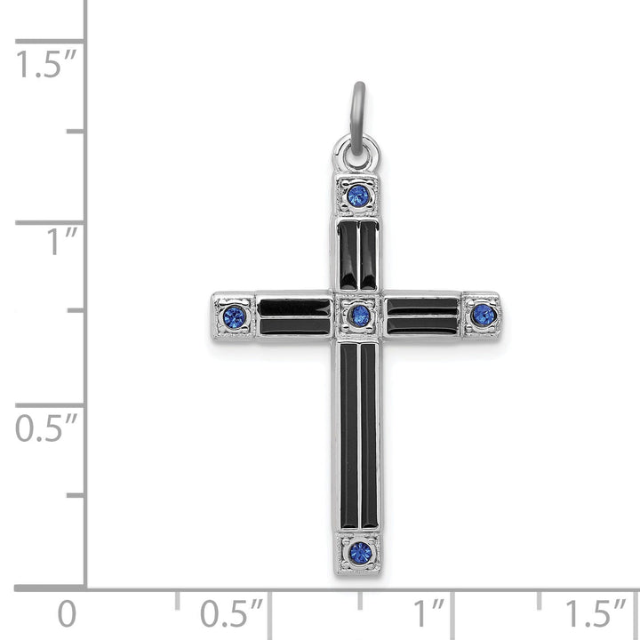 Silver Black Enamel Blue CZ Latin Cross Pendant