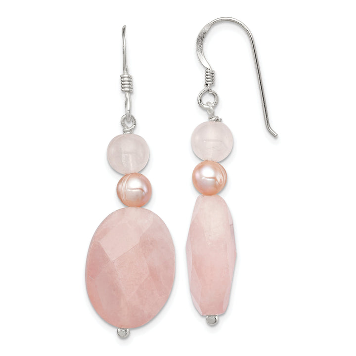 Silver Rose Quartz Pink Pearl Dangle Earrings