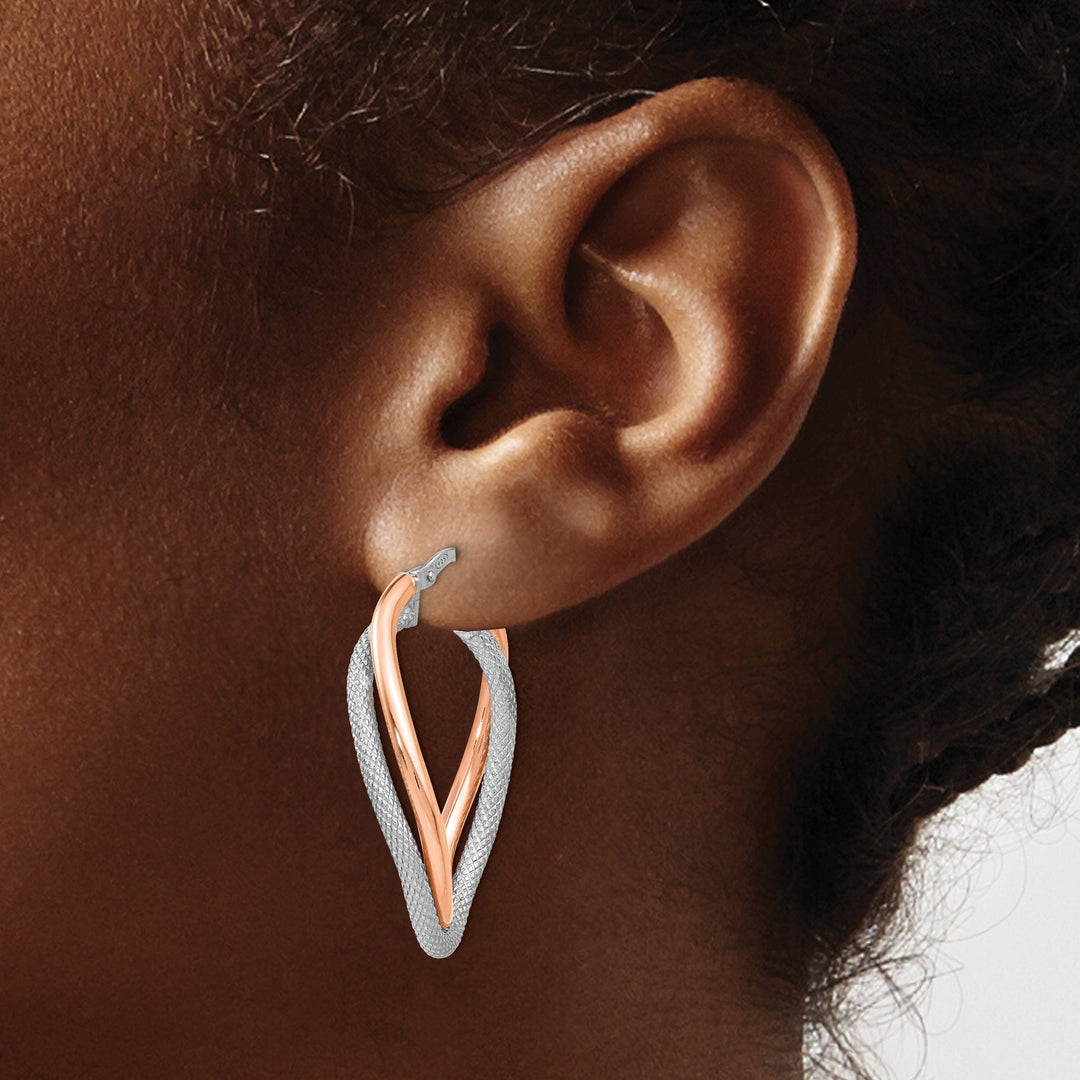 Silver Rose Gold-tone Textured Hoop Earrings