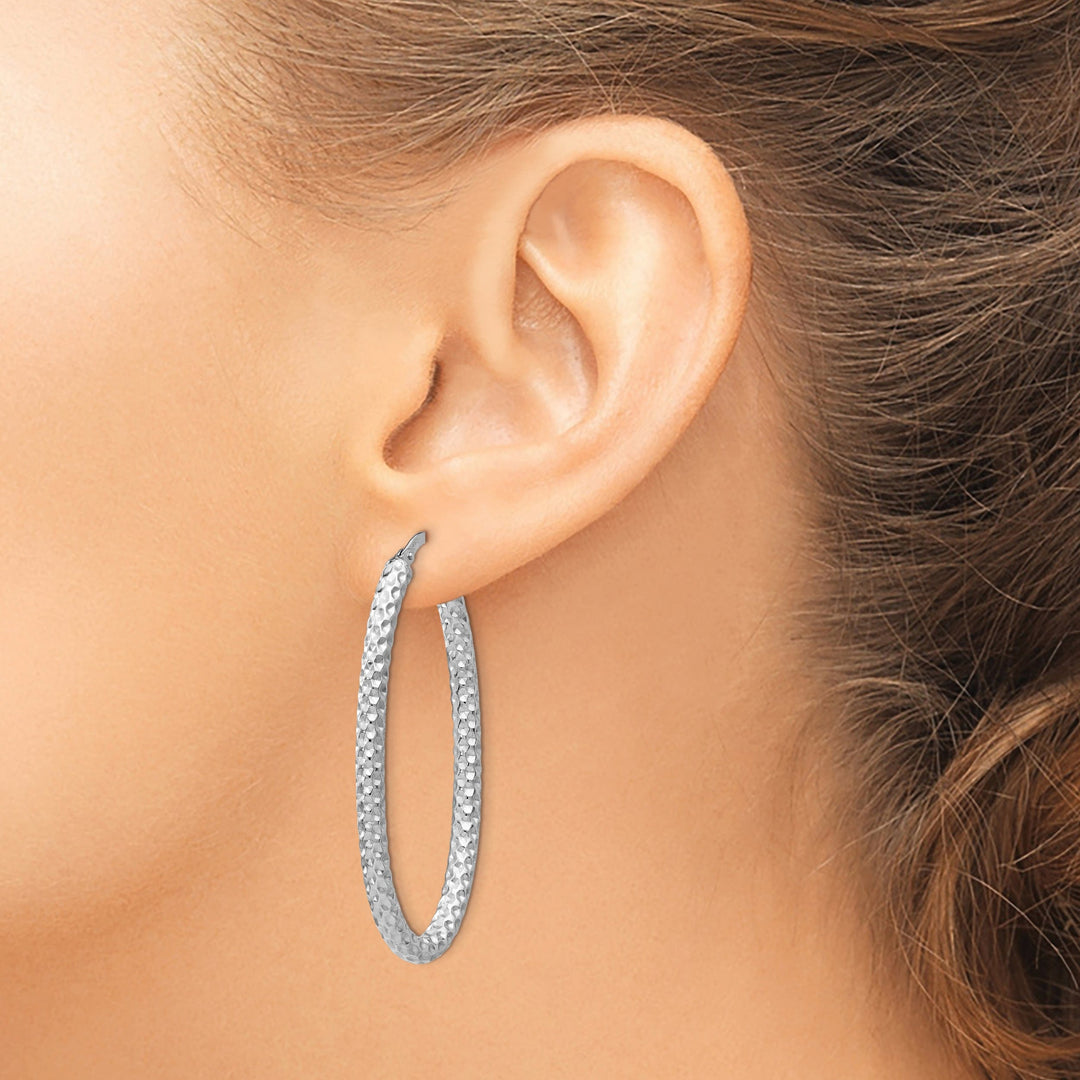 Silver Textured Oval Hinged Hoop Earrings