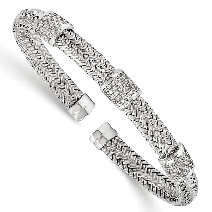 Sterling Silver Rhodium C.Z Woven Flexible Cuff