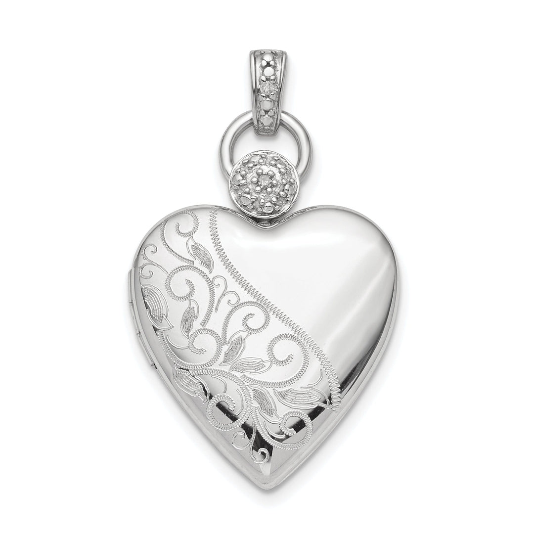 Sterling Silver Rhodium-plate 21mm Heart Dia. Accent diamond cut Satin Locket