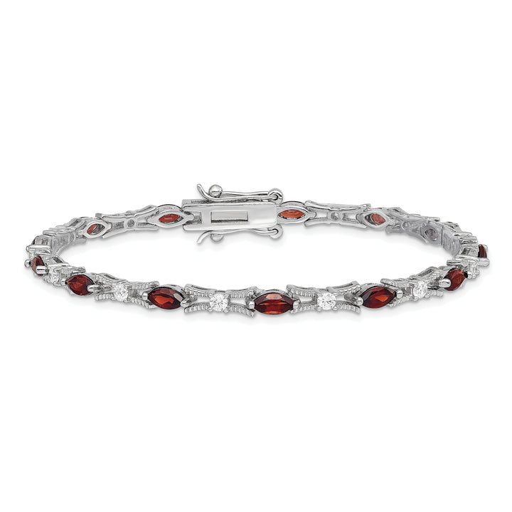 Silver Polished Finish Garnet and C.Z Bracelet