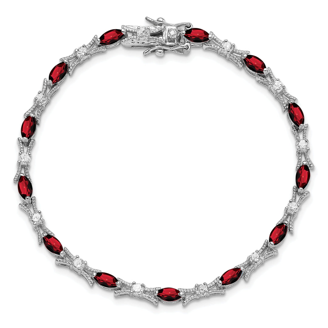 Silver Polished Finish Garnet and C.Z Bracelet