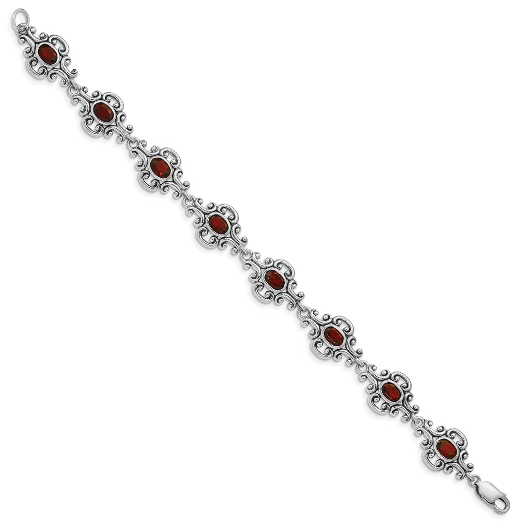 Silver Polished Finish Antiqued Garnet Bracelet