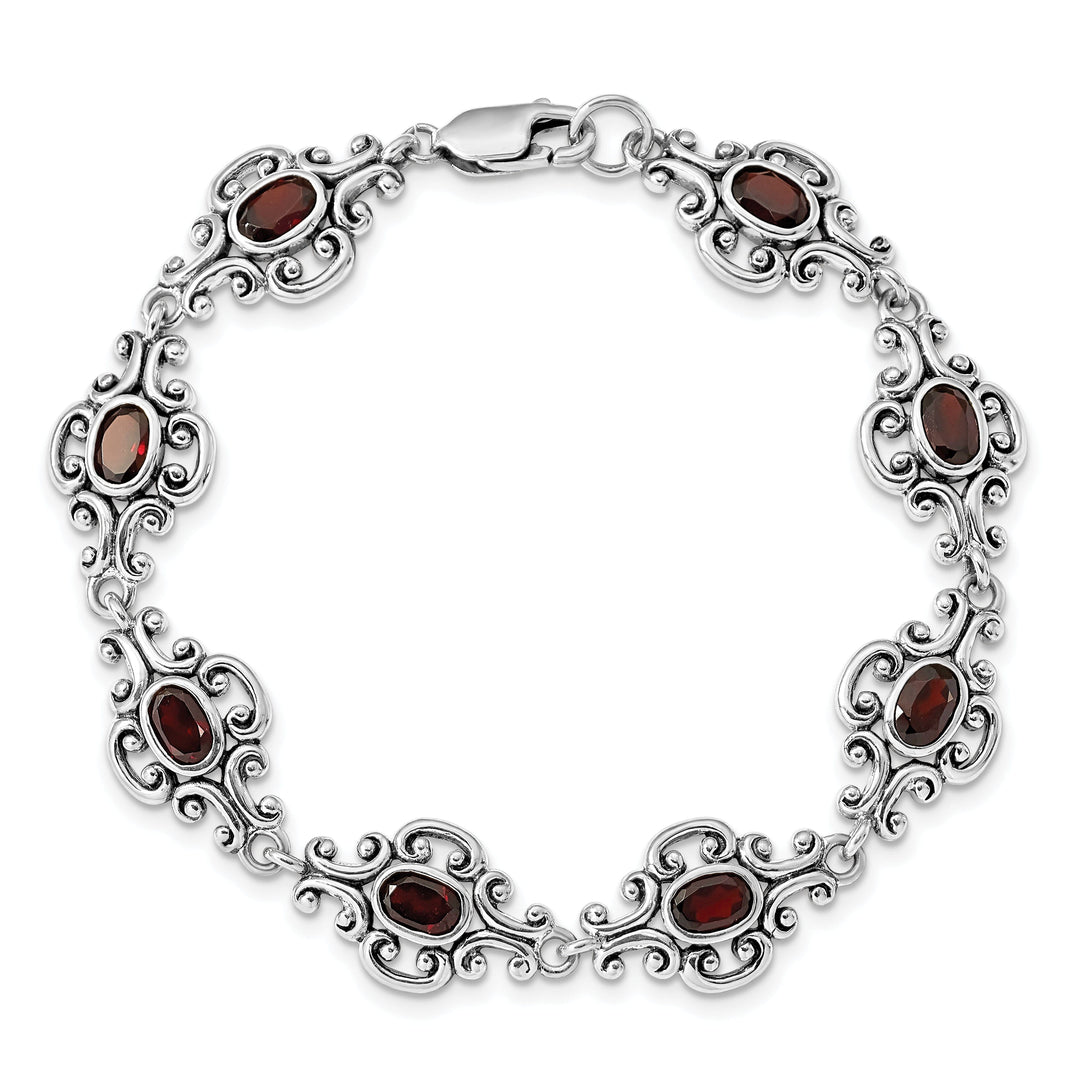 Silver Polished Finish Antiqued Garnet Bracelet