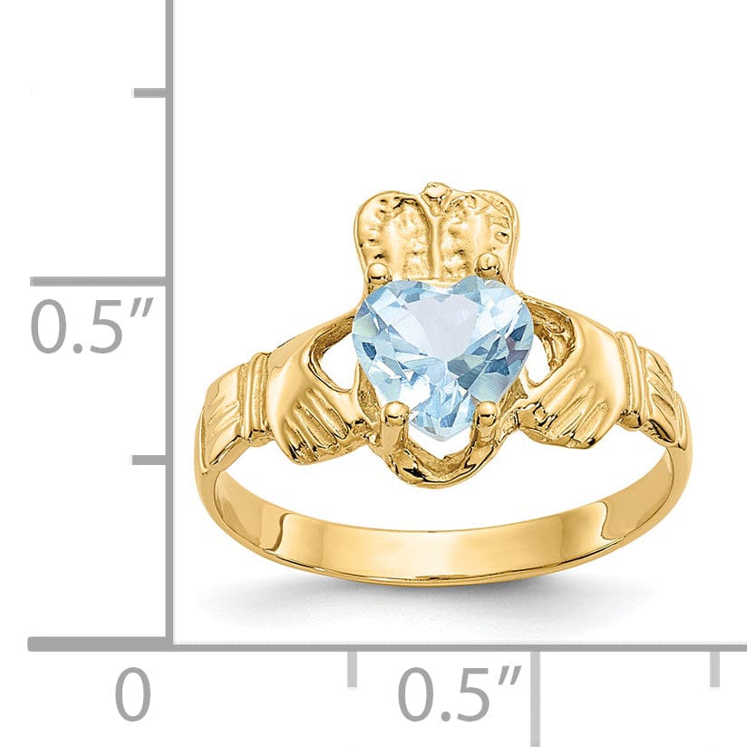 14k Yellow Gold March Birthstone Claddagh Ring